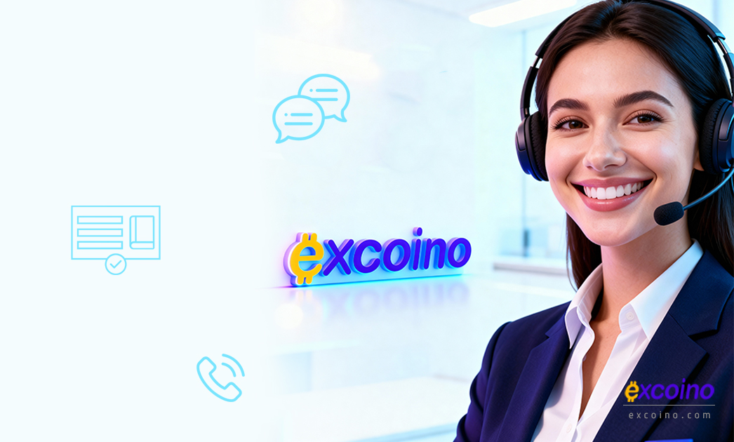 تصویر یک خانم پشتیبان با یک هدفون روی سرش و لوگوی اکسکوینو