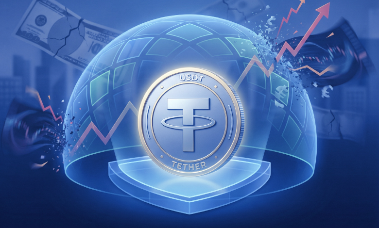 سکهی ارز دیجیتال تتر در پس زمینه ی آبی درون یک حباب آبی رنگ